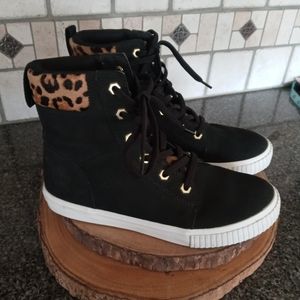 Black High-Top Sneakers with Leopard Accent